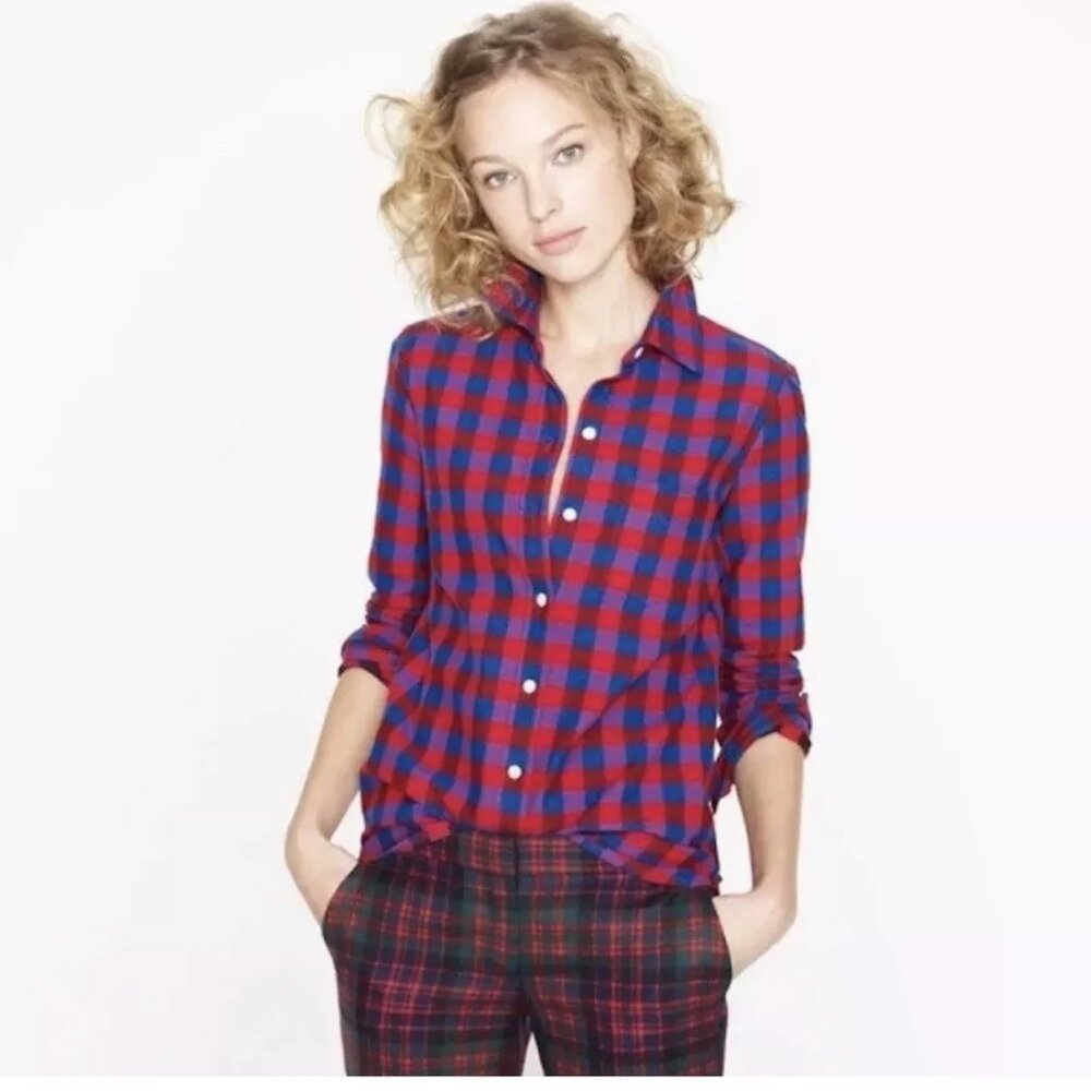 J Crew Women's Boy Fit Gingham Plaid Flannel Button Up Shirt Small S Cozy Warm